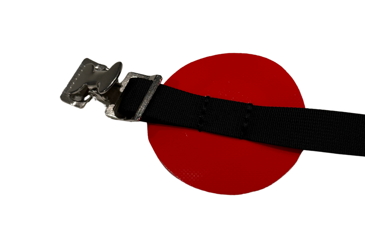 Replacement Bounce House Blower Tube Strap Red Vinyl Close Up